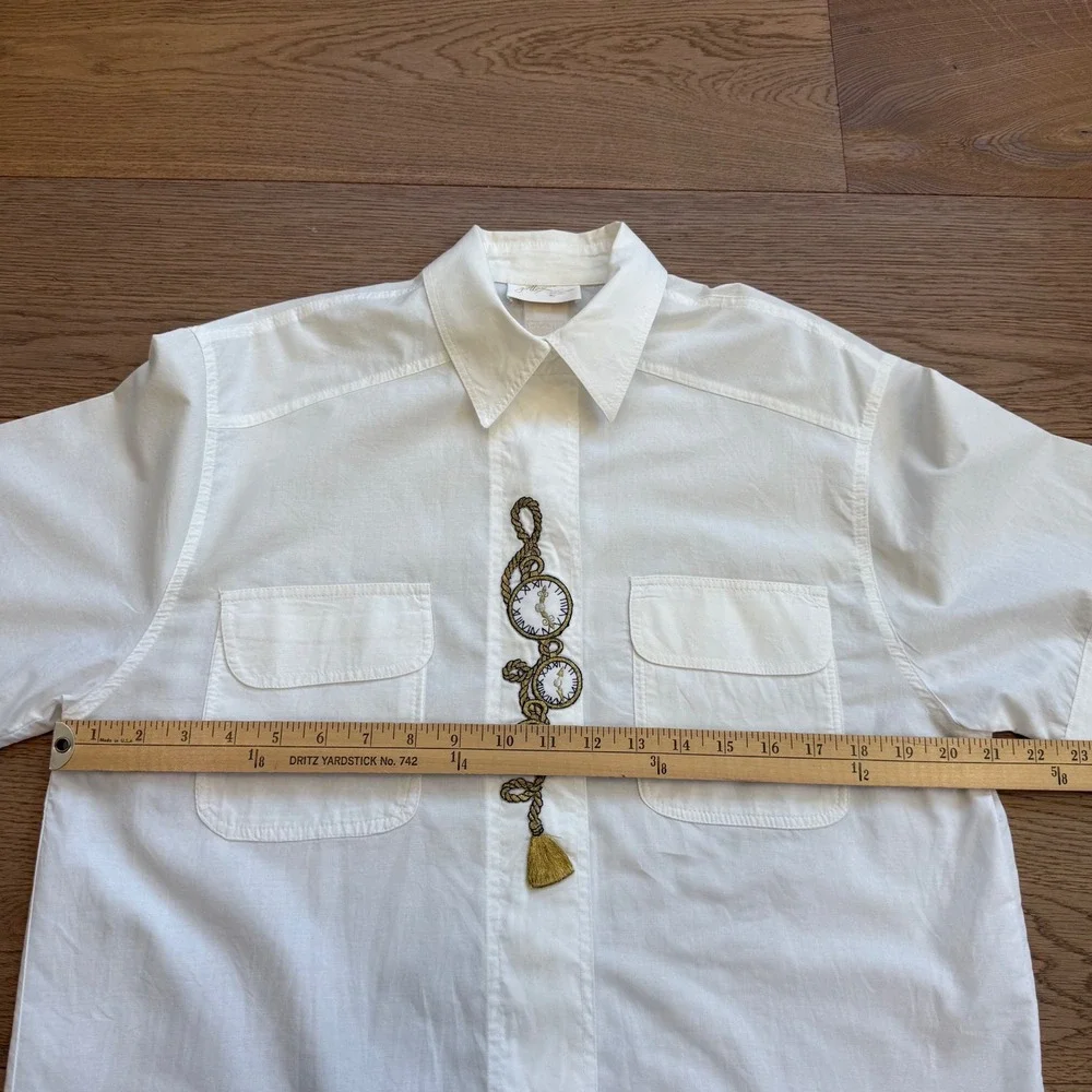 Vintage Gottex‎ White Short Sleeve Button Up Shirt Pocket Watch Embroidery L